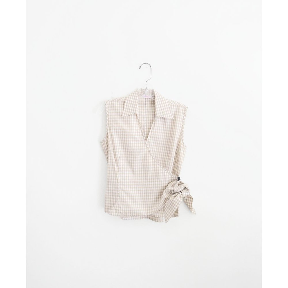 Lorenzini Tan White Gingham Check Cotton Sleeveless Collared Wrap Top I US S